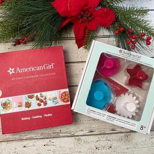 American Girl 3 set baking cookbooks and 4 piece cookie cutter stamp set